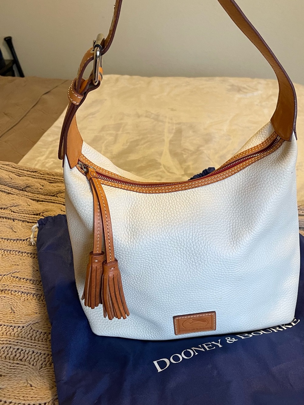 Dooney & Bourke Cream Pebbled Leather Shoulder Bag with Tan Trim